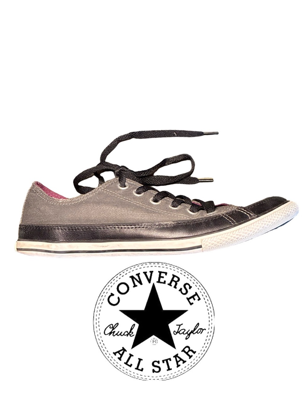 Converse Men's Low-Top Sneakers — Gray Canvas, Black Leather & Purple Accent